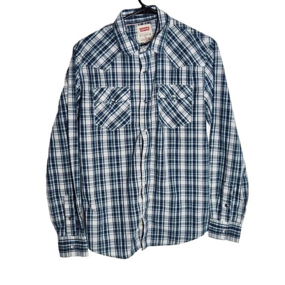 Levi Strauss Mens Shirt‎ Small Modern Pearl Snap Blue White Plaid Western